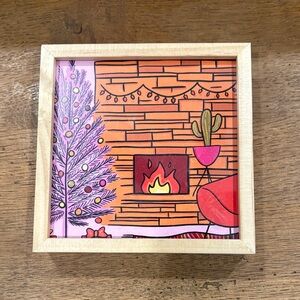 Festive Fireplace Wall Art with Wooden Frame